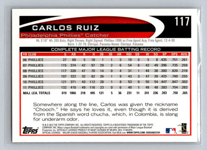 2012 Topps #117a Carlos Ruiz baseball card of the Philadelphia Phillies