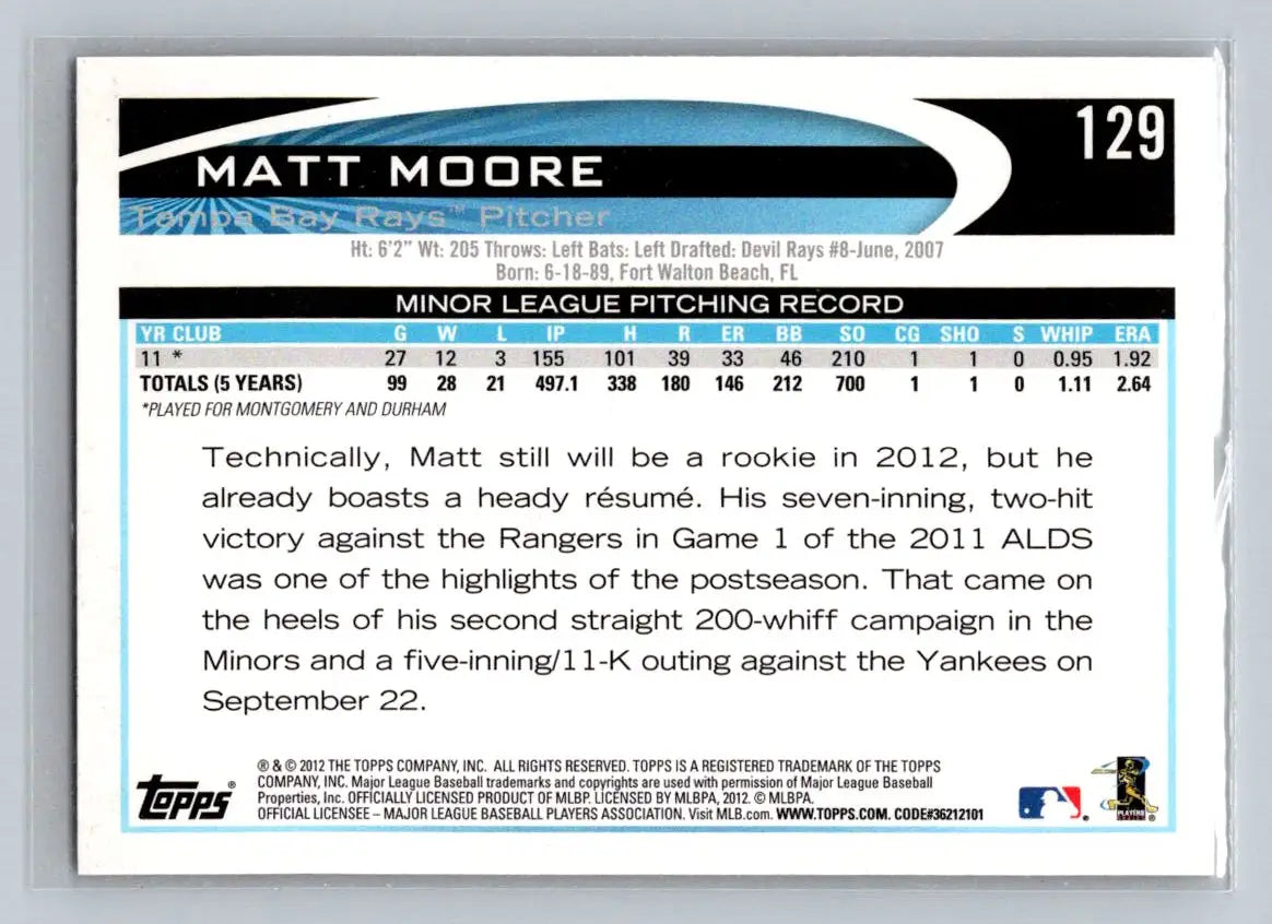 2012 Topps #129b Matt Moore Tampa Bay Rays Rookie baseball card collectible image