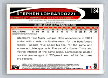 Back of 2012 Topps #134a Stephen Lombardozzi Washington Nationals Rookie baseball card