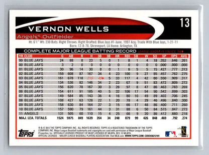 Vernon Wells 2012 Topps #13a baseball card featuring Los Angeles Angels star player