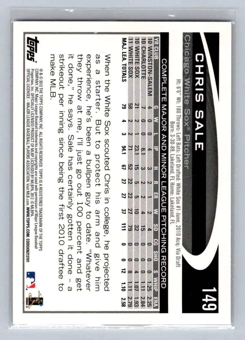 Chris Sale 2012 Topps #149a baseball card featuring Chicago White Sox star player