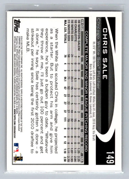 Chris Sale 2012 Topps #149a baseball card featuring Chicago White Sox star player