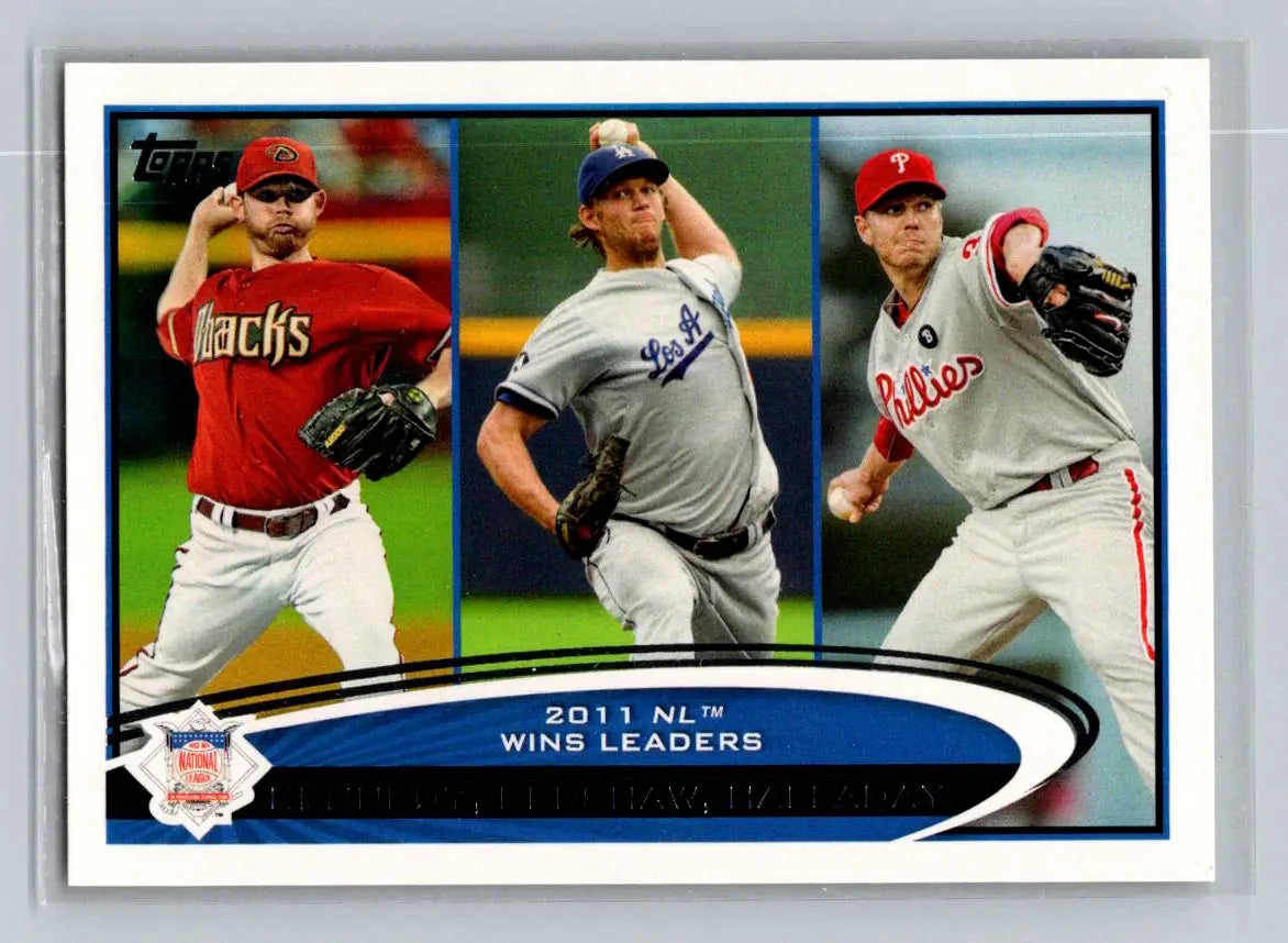 Baseball card of Ian Kennedy, Clayton Kershaw, and Roy Halladay as 2011 NL Wins Leaders