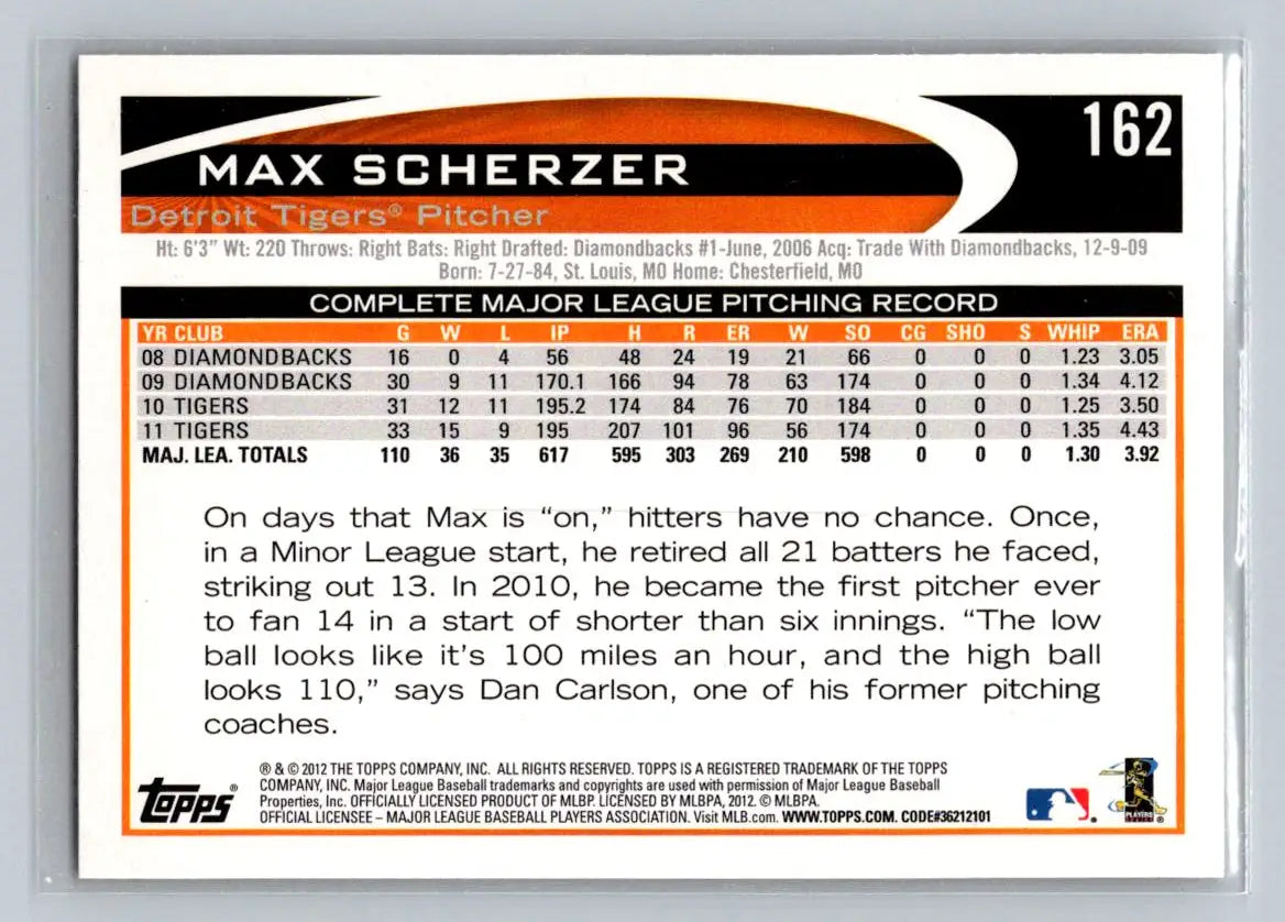 Max Scherzer 2012 Topps #162b baseball card featuring the Detroit Tigers
