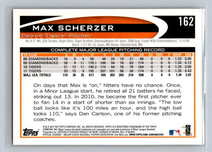 Max Scherzer 2012 Topps #162b baseball card featuring the Detroit Tigers