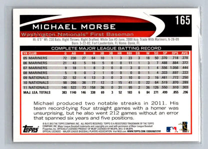 2012 Topps #165b Michael Morse baseball card featuring the Washington Nationals player