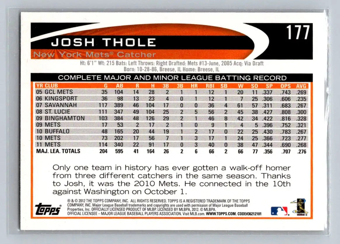 2012 Topps #177a Josh Thole baseball card featuring the New York Mets catcher