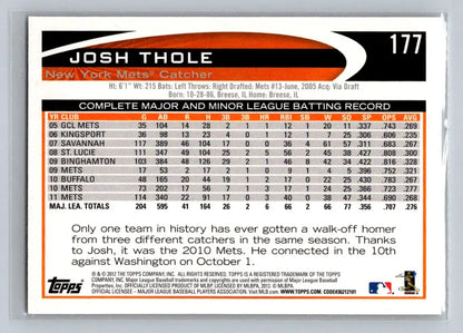 2012 Topps #177a Josh Thole baseball card featuring the New York Mets catcher