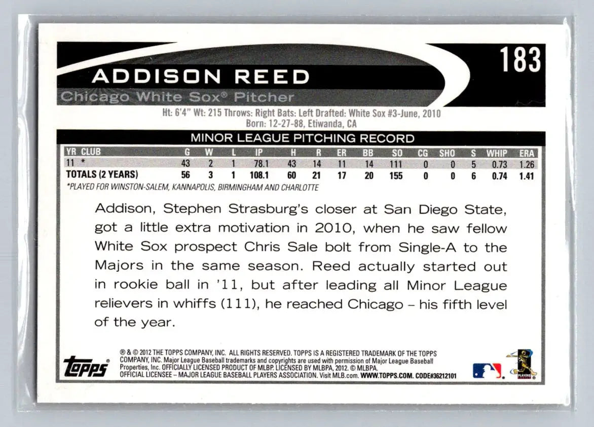 2012 Topps #183b Addison Reed Chicago White Sox Rookie Baseball Card Display