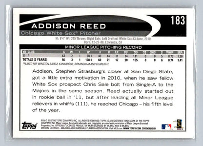 2012 Topps #183b Addison Reed Chicago White Sox Rookie Baseball Card Display