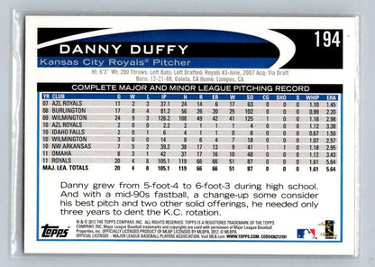 Danny Duffy baseball card from 2012 Topps #194a featuring Kansas City Royals player