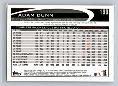 2012 Topps #199a Adam Dunn baseball card featuring Chicago White Sox star player