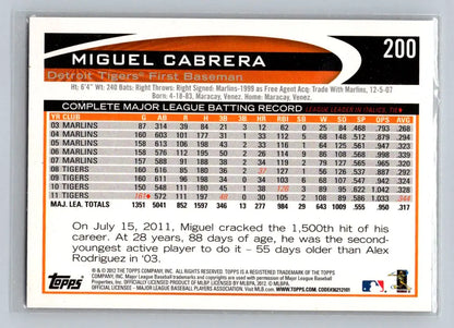 Miguel Cabrera 2012 Topps #200a baseball card featuring Detroit Tigers star player