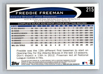 Freddie Freeman baseball card from 2012 Topps #215b featuring the Atlanta Braves