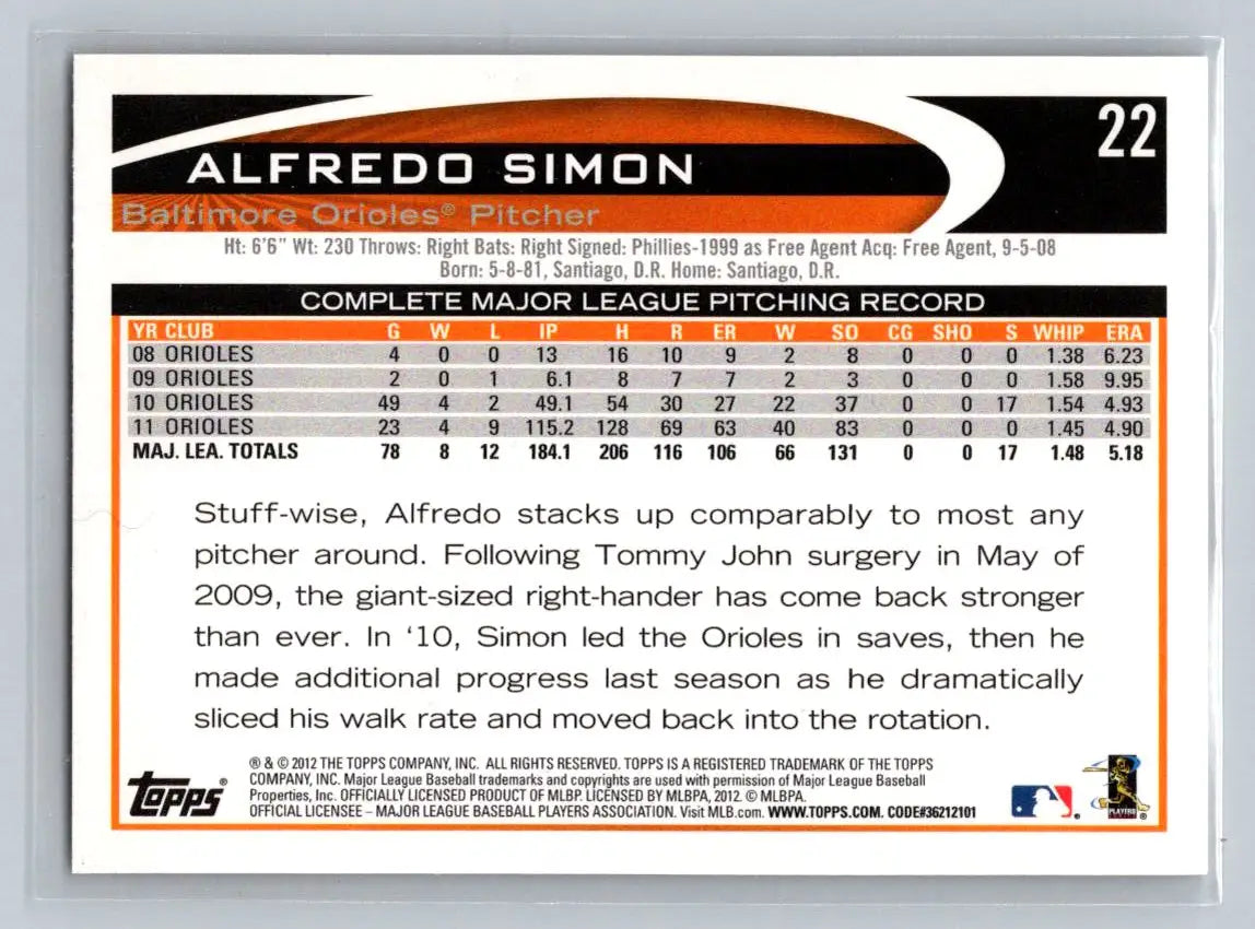 Alfredo Simon 2012 Topps #22a baseball card featuring the Baltimore Orioles design
