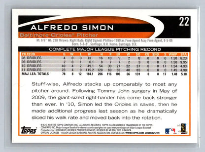 Alfredo Simon 2012 Topps #22a baseball card featuring the Baltimore Orioles design