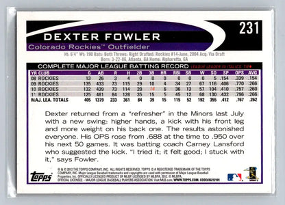 2012 Topps #231b Dexter Fowler Colorado Rockies baseball card showcasing Dexter Fowler