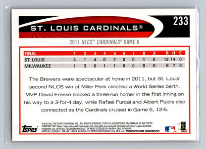 Baseball card back featuring 2012 Topps #233 Louis Cardinals St. Louis Cardinals