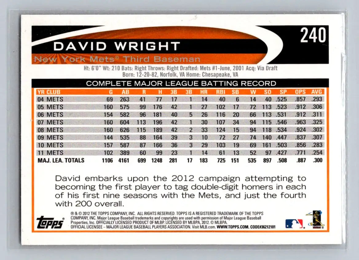 2012 Topps 240a David Wright New York Mets baseball card featuring David Wright