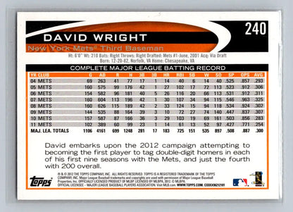 2012 Topps 240a David Wright New York Mets baseball card featuring David Wright