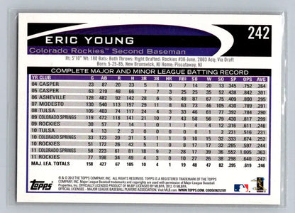 Eric Young baseball card from 2012 Topps #242a featuring Colorado Rockies player
