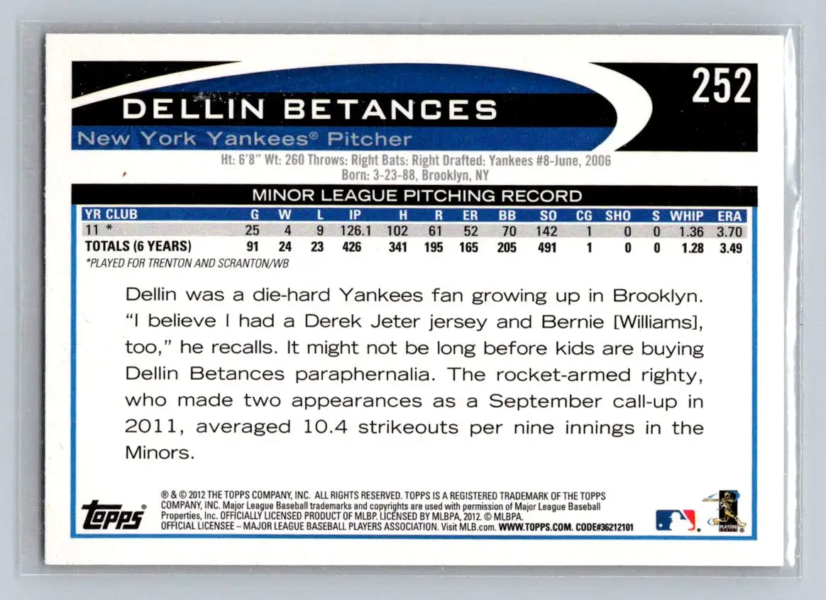 Dellin Betances baseball card 2012 Topps #252a Dellin Betances New York Yankees Rookie