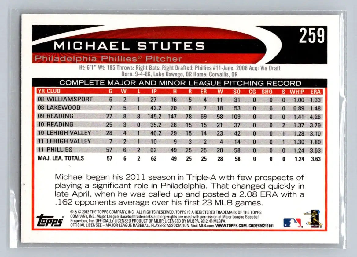 2012 Topps 259a Michael Stutes Philadelphia Phillies baseball card front view