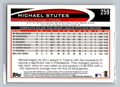 2012 Topps 259a Michael Stutes Philadelphia Phillies baseball card front view
