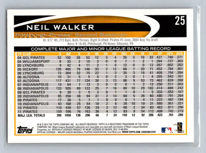 Back of 2012 Topps #25a Neil Walker baseball card featuring Pittsburgh Pirates stats