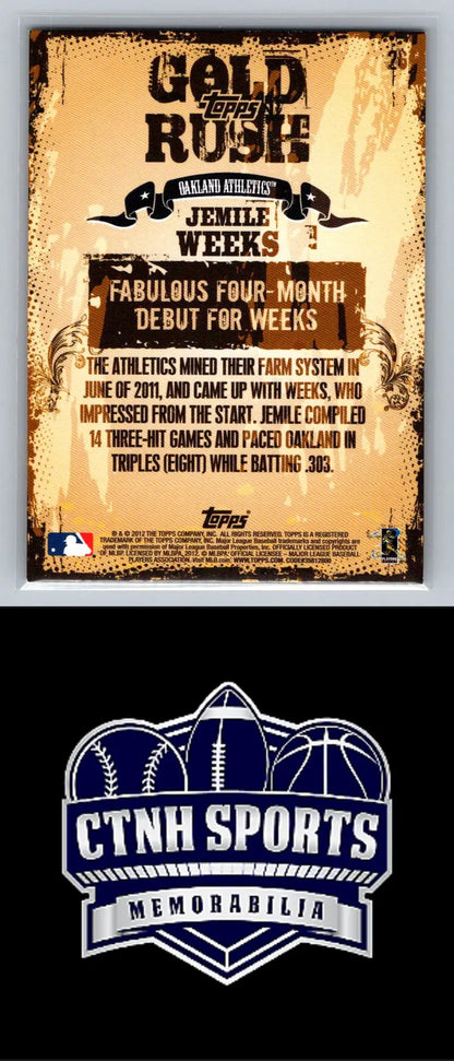Baseball card featuring Jemile Weeks Gold Rush Wrapper Redemption logo for Oakland Athletics