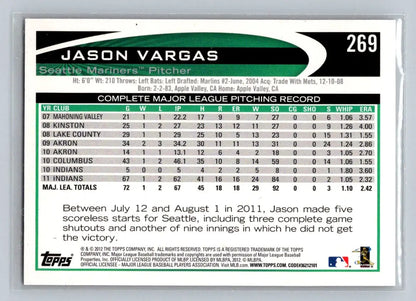 Jason Vargas baseball card 2012 Topps #269a Seattle Mariners collectible image