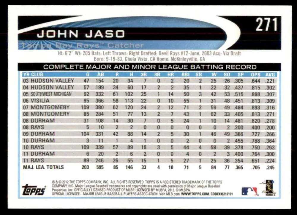 2012 Topps #271 John Jaso NM-MT Rays ID:72212 - Trading Cards