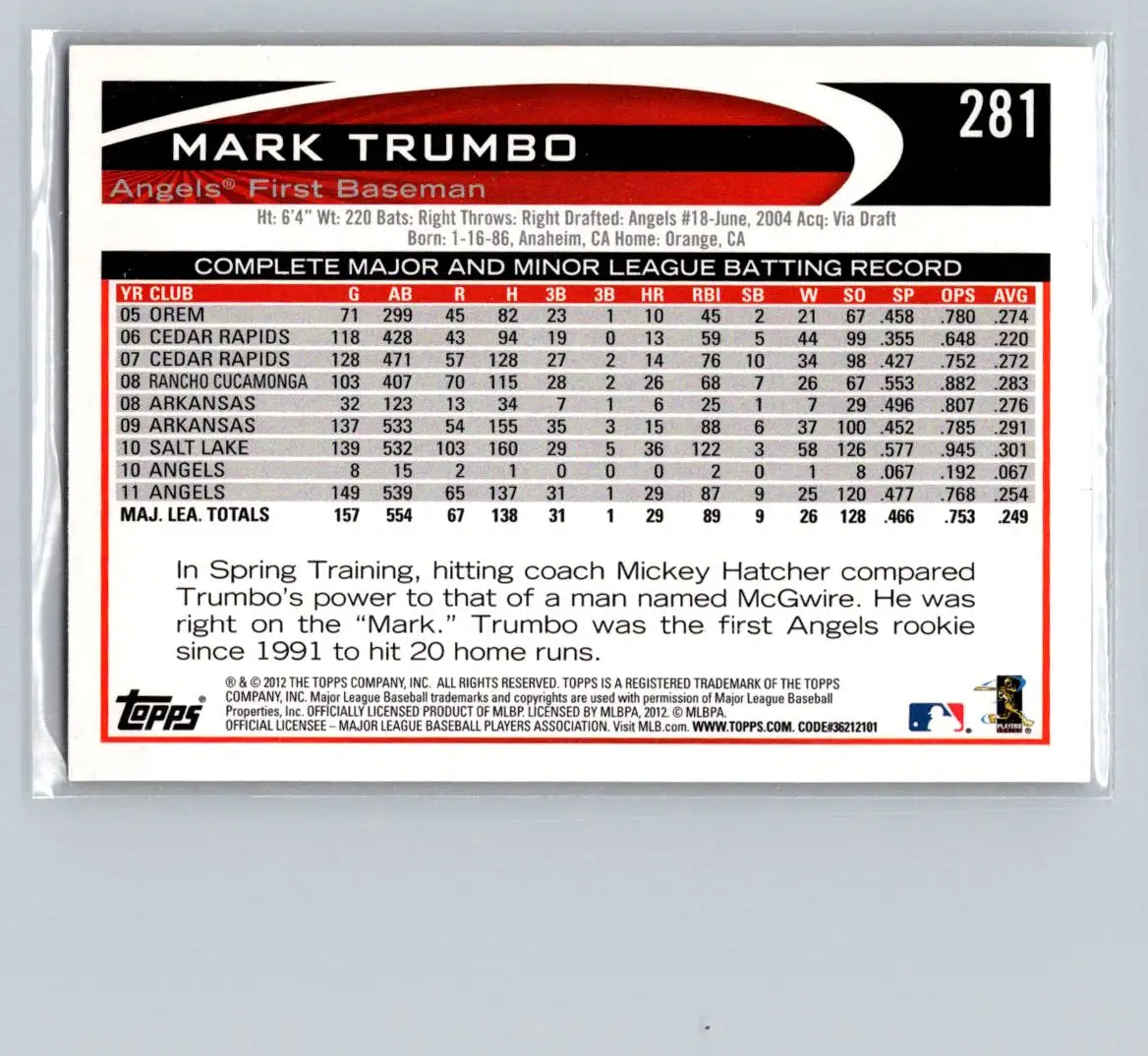 2012 Topps 281a Mark Trumbo Los Angeles Angels baseball card image