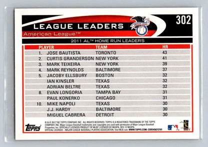 Baseball card listing 2011 American League home run leaders featuring Jose Bautista Curtis Granderson and Mark Teixeira