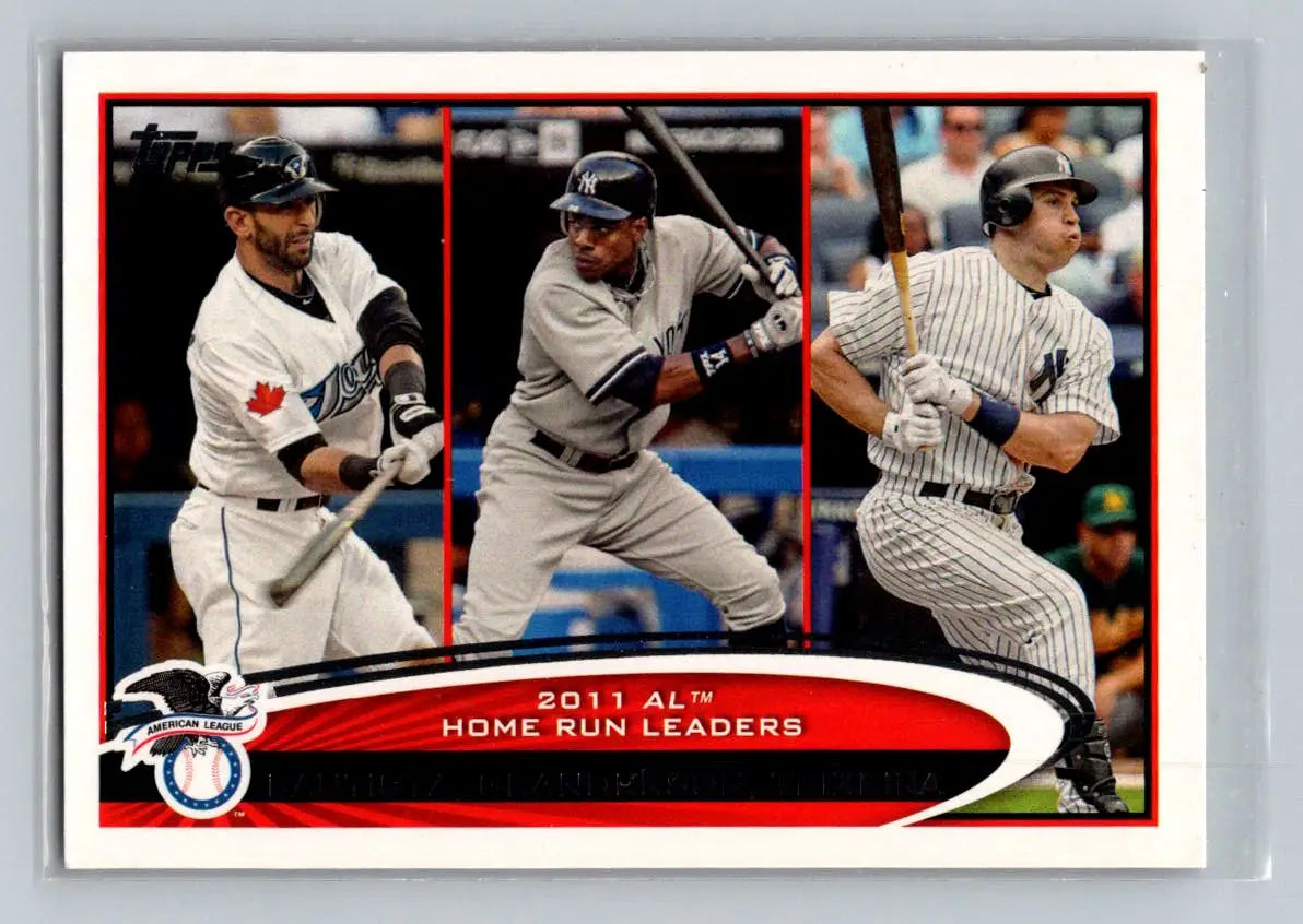 Baseball card featuring Jose Bautista, Curtis Granderson, and Mark Teixeira from 2012 Topps #302