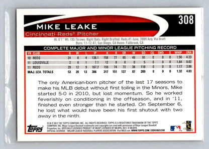 2012 Topps #308a Mike Leake Cincinnati Reds baseball card for collectors