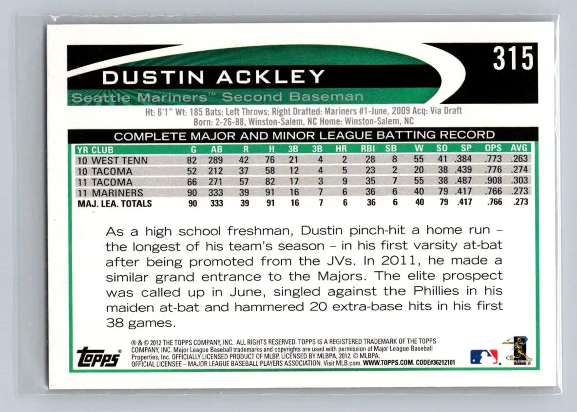 Dustin Ackley baseball card 2012 Topps #315a Seattle Mariners collectible card