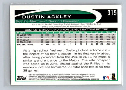Dustin Ackley baseball card 2012 Topps #315a Seattle Mariners collectible card