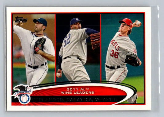 Baseball card featuring Justin Verlander Jered Weaver and CC Sabathia from 2012 Topps