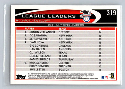 Baseball card back featuring Justin Verlander and Jered Weaver from 2012 Topps #319