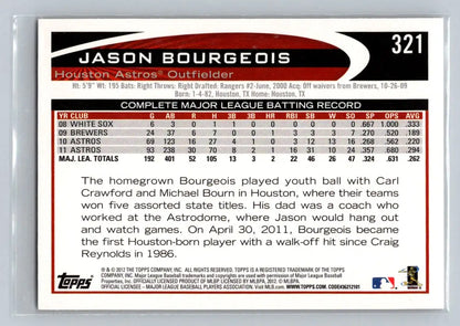 2012 Topps Jason Bourgeois baseball card featuring Houston Astros player 321A Jason Bourgeois