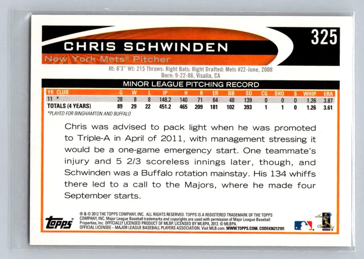 2012 Topps #325a Chris Schwinden New York Mets rookie baseball card for sale