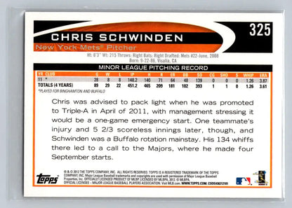 2012 Topps #325a Chris Schwinden New York Mets rookie baseball card for sale
