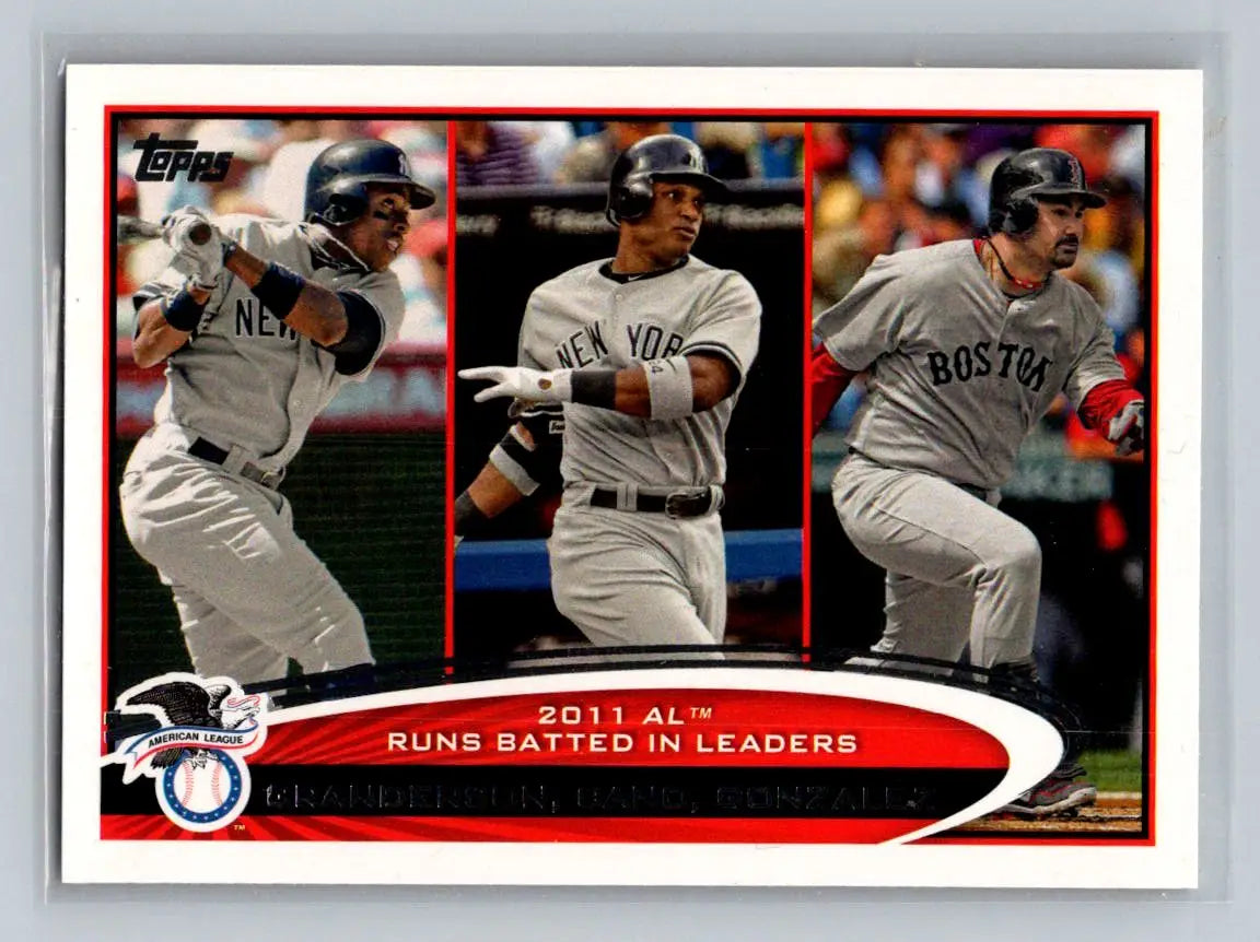 Baseball card of Curtis Granderson, Robinson Cano, and Adrian Gonzalez from 2012 Topps
