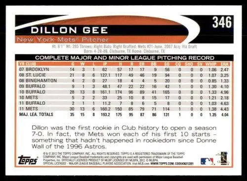 Dillon Gee baseball card with original gloss in NM-MT condition from 2012 Topps
