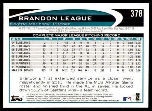 2012 Topps Brandon League baseball card with original gloss NM-MT Mariners ID 72304