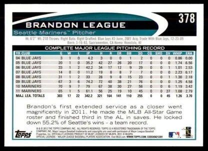 2012 Topps Brandon League baseball card with original gloss NM-MT Mariners ID 72304