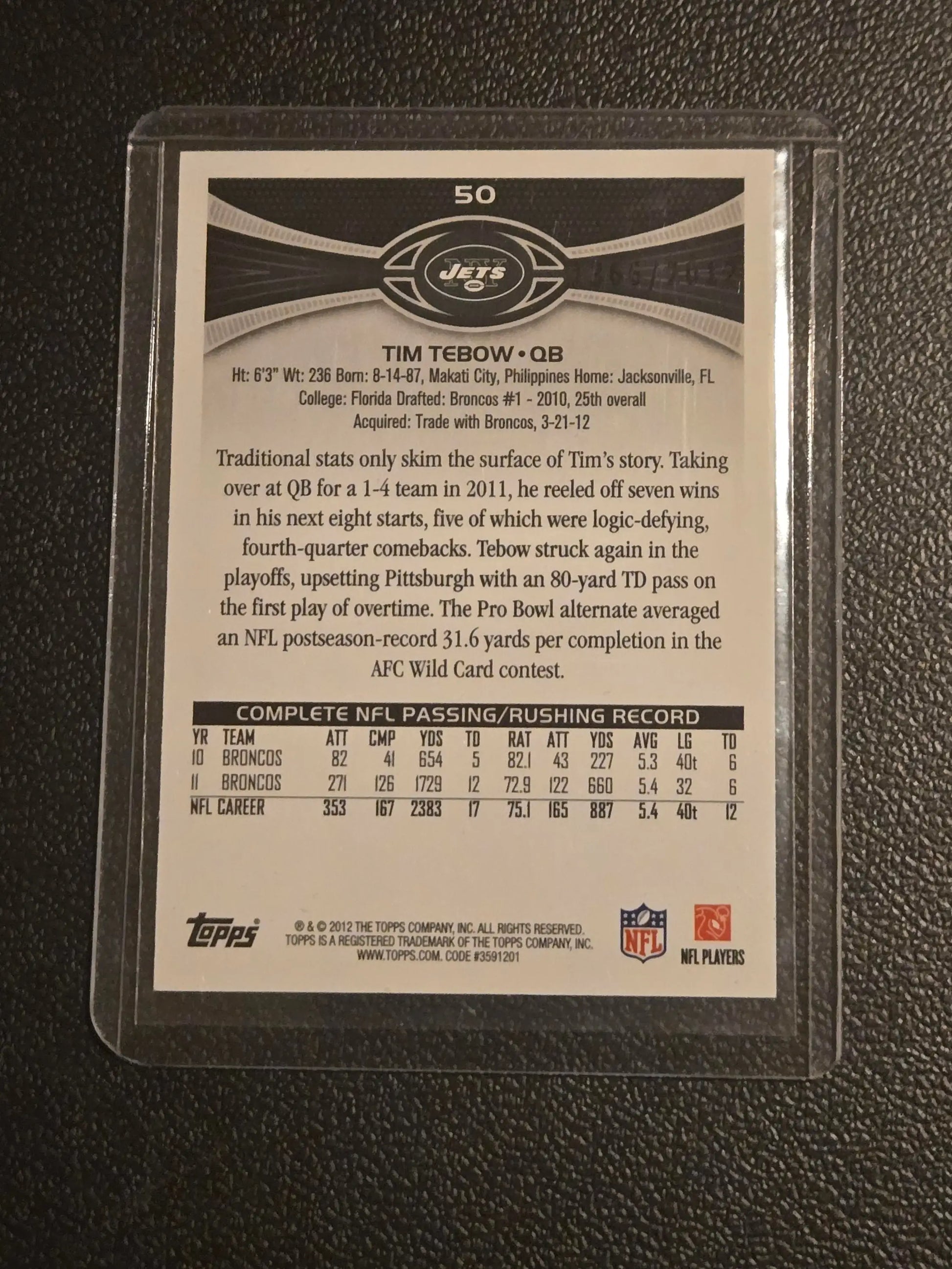 Tim Tebow Gold New York Jets trading card in protective sleeve, 2012 Topps #50