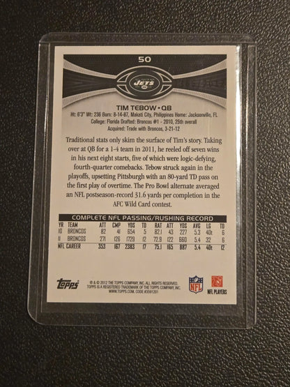 Tim Tebow Gold New York Jets trading card in protective sleeve, 2012 Topps #50