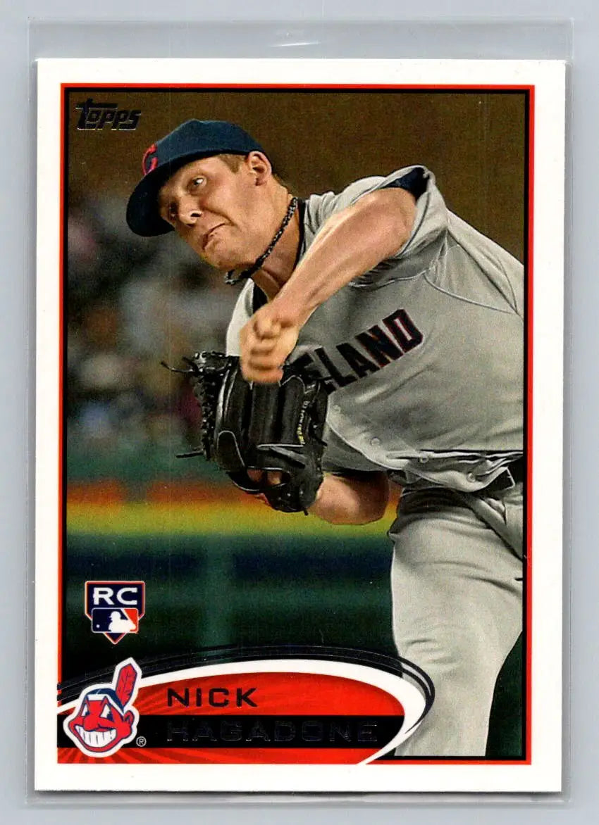 Baseball card of Nick Hagadone, Cleveland Indians pitcher, from 2012 Topps trading cards